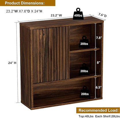 Farmhouse Bathroom Wall Cabinet Fluted,Medicine Cabinet Over The Toilet Storage Cabinet with Adjustable Shelf, Wood Wall Mounted Storage Cabinet Organizer 23.2Wx24Hx7.6D (Dark Walnut, Medium)