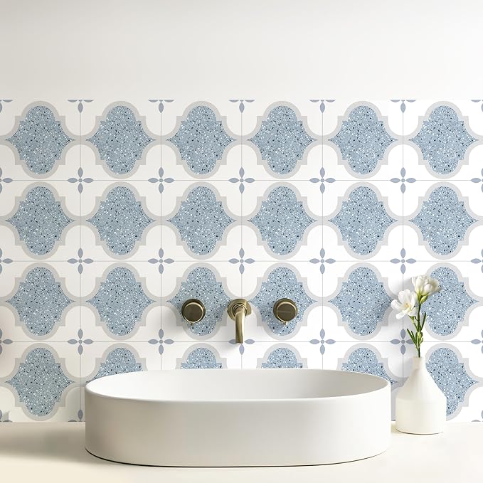 Peel & Stick Tile Stickers 12 PCS Self Adhesive Backsplash Decorative Wall Stickers for Kitchen Bathroom Tile Decals Waterproof & Removable 6" x 6" Blue Terrazzo