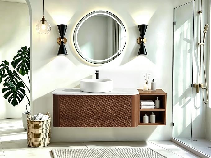 48 Inch Modern Bathroom Vanity with Ceramic Sink, Floating Bathroom Sink Cabinet with Sintered Stone Top&Solid Wood Hammered Frame, Single Bathroom Vanities w/Soft-Close Drawer&IDE Open Cube