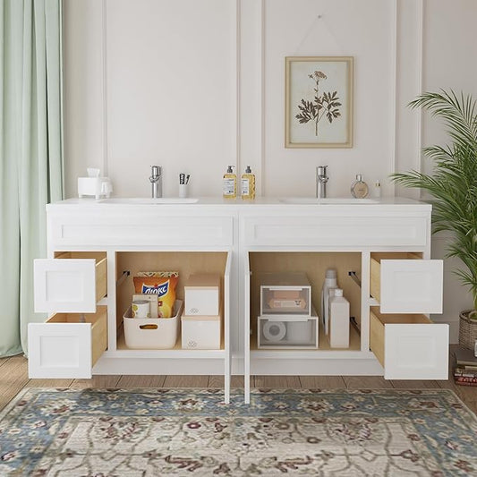 Vanity Art 72 Inch Bathroom Vanity with 2-Door 4-Drawer, Wood Bathroom Vanity Cabinet with Soft Closing Drawer, Floor Mounted White Cabinet Without Top VA4072-LRW