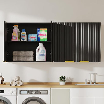 ChooChoo Bathroom Wall Cabinet, Laundry Room Cabinet with 4 Fluted Doors | Kitchen Storage Cupboard Cabinet with Adjustable Shelf, Fluted Wall-Mounted Medicine Cabinet for Kitchen, Garage, Black