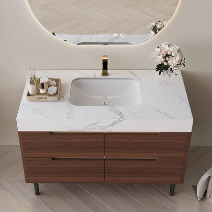 36 Inch Modern Bathroom Vanity with Undermount Sink, 2-in-1 Wall Mounted & Free-Standing Bathroom Vanity Cabinet with Sintered Stone Top & 4 Drawers, Walnut Wood Single Sink Bathroom Vanities