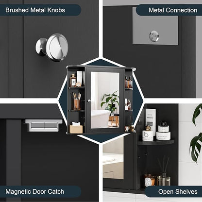 DL-win Bathroom Medicine Cabinet with Mirror, Wall Mounted Home Storage with Door, Over The Toilet Space Saver Storage Cabinet, Bathroom Cabinet Wall Mounted, Black