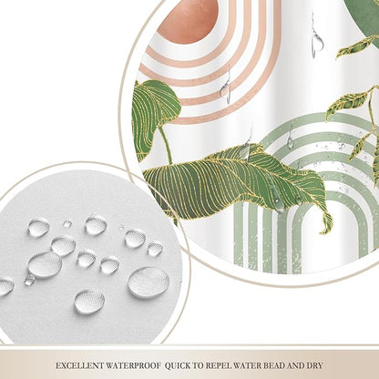 Glawry Pink and Green Boho Shower Curtain Abstract Mid Century Palm Tree Leaves Bathroom Minimalist Tropical Modern 60Wx72L Inches Bath Accessories Art Home Decor Fabric 12 Pack Hook
