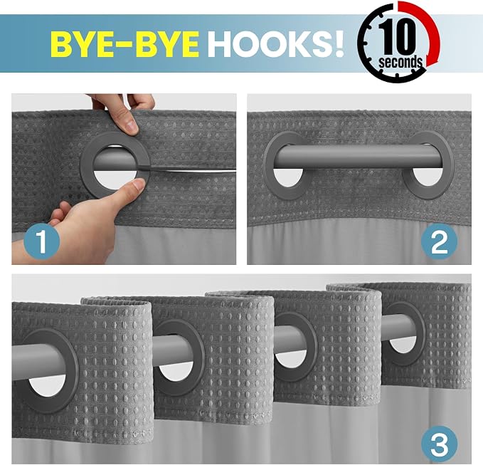 SORTTO No Hook Shower Curtain with Snap in Liner Set Waffle Shower Curtain for Bathroom Hotel Style Fabric Waterproof Inner Liner，71" W x 74" H, Grey