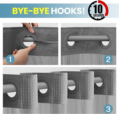 SORTTO No Hook Shower Curtain with Snap in Liner Set Waffle Shower Curtain for Bathroom Hotel Style Fabric Waterproof Inner Liner，71" W x 98" H, Grey