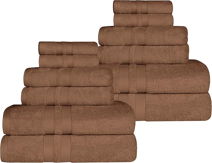 Superior Ultra-Soft Cotton Towel Set, 4 Bath Towels, 4 Hand Towels, 4 Face Towels/Washcloths, Quick-Dry, Shower, Spa Basics, Essentials, Solid, Double Line Dobby Border, 12 Piece Set, Chocolate