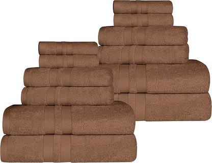 Superior Ultra-Soft Cotton Towel Set, 4 Bath Towels, 4 Hand Towels, 4 Face Towels/Washcloths, Quick-Dry, Shower, Spa Basics, Essentials, Solid, Double Line Dobby Border, 12 Piece Set, Chocolate