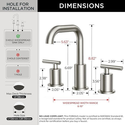 FORIOUS Bathroom Sink Faucet 3 Hole Widespread 8 Inch 2 Pack Brushed Nickel | 6-12 inch Widespread Sink Faucet with 2 Handles, Pop Up Drain and Water Supply Supplies for Vanity Restroom RV Lavatory Sink