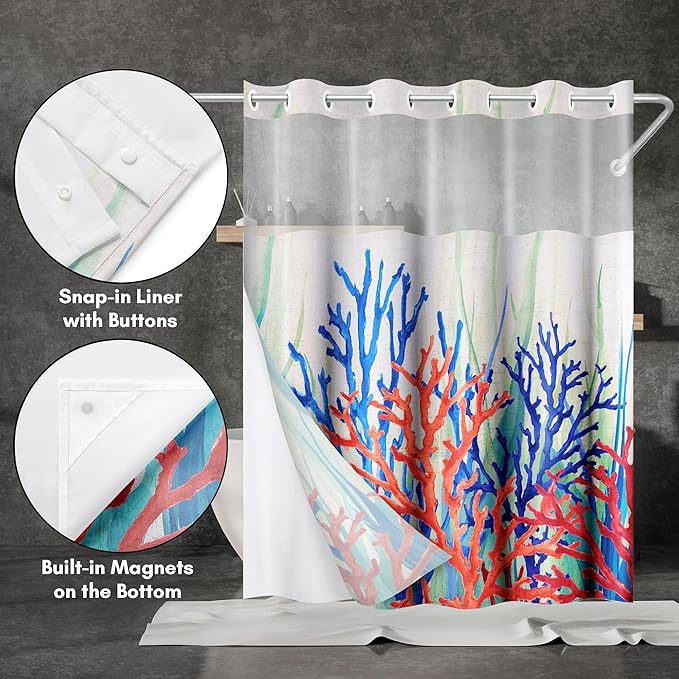 Americanflat 72x75 Hookless Shower Curtain - Water-Resistant Coral Reef Shower Curtain with Sheer Panel, Snap-in Liner, and Grommets - 100% Polyester - Cobalt Blue, Coral Red, Seafoam Green and White