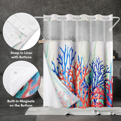 Americanflat 72x75 Hookless Shower Curtain - Water-Resistant Coral Reef Shower Curtain with Sheer Panel, Snap-in Liner, and Grommets - 100% Polyester - Cobalt Blue, Coral Red, Seafoam Green and White
