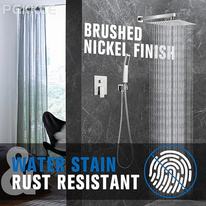 12 Inch Rainfall Shower System - Wall Mounted Complete Combo with Solid Brass Pressure Balancing Valve, High Pressure Shower Head, Handle Set & Installation Accessories Nickel