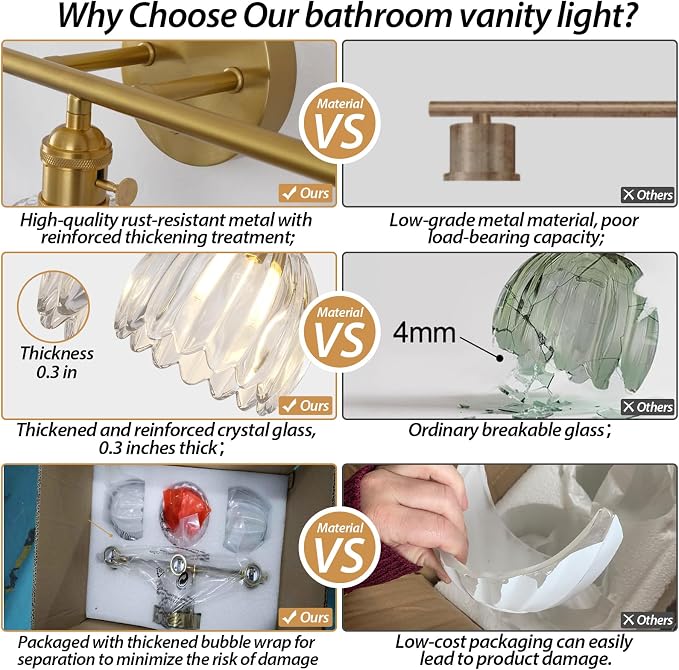 Gold 2 Light Bathroom Vanity Light,14.9in Modern Bathroom Lighting Fixtures Over Mirror with Tulip Crystal Glass Shade,Brass Vintage Vanity Lights for Bathroom Living Room Bedroom（not include bulbs)