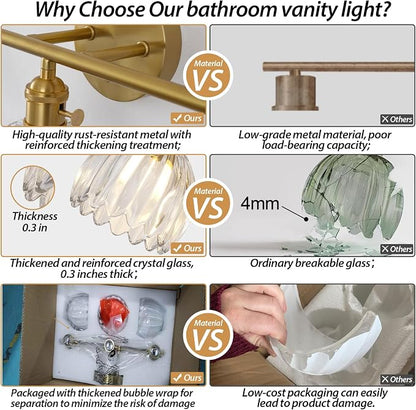 Gold 2 Light Bathroom Vanity Light,14.9in Modern Bathroom Lighting Fixtures Over Mirror with Tulip Crystal Glass Shade,Brass Vintage Vanity Lights for Bathroom Living Room Bedroom（not include bulbs)