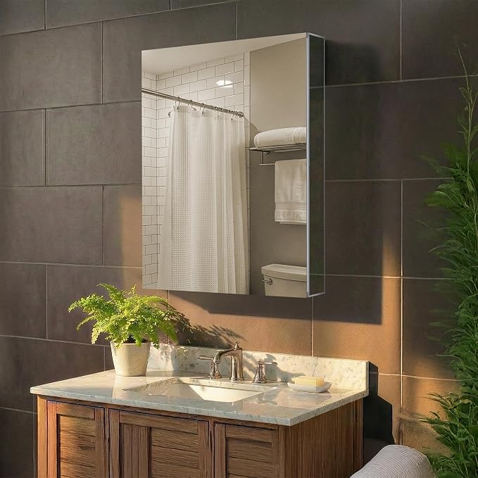 Bathroom Medicine Cabinet, Aluminum, Recessed/Surface Mount, 20" x 24", Right/Left Hinged, Mirrored Interior