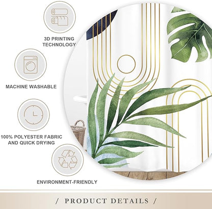 Glawry Extra Long Blue Green Shower Curtain Boho Mid Century Abstract Tropical Palm Leaf Modern Minimalist Plant Bathroom Geometric 72Wx84L Inches Bath Accessories Art Home Decor Fabric 12 Pack Hooks