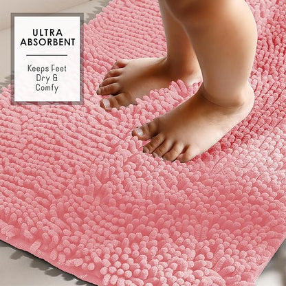 Hearth & Harbor Bathroom Rugs, Chenille Bath Mat - Machine Washable Bath Mats for Bathroom Non-Slip Backing Rubber, Quick Dry Bathroom Mat, 17 x 24 + 20 x 32 - Pink