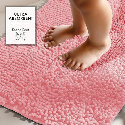Hearth & Harbor Bathroom Rugs, Chenille Bath Mat - Machine Washable Bath Mats for Bathroom Non-Slip Backing Rubber, Quick Dry Bathroom Mat, 17 x 24 + 20 x 24 - Pink
