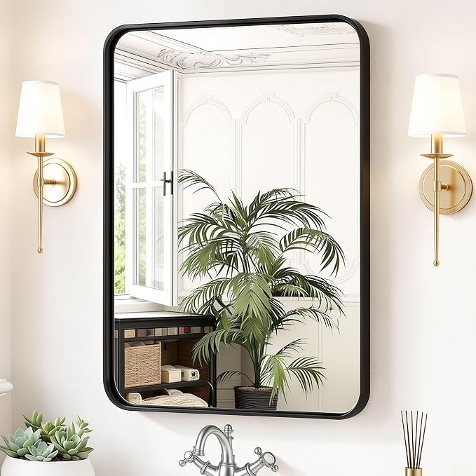 Sweetcrispy Bathroom Wall Mirror, 36x24 Inch Mirror for Over Sink, Black | Modern Wall Mount Vanity Mirror, Rounded Rectangle with Matte Brush Metal Framed, for Home Decor, Living Room, Bedroom