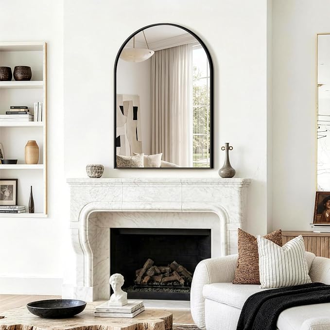 FGU Arched Bathroom Mirror for Over Sink 36"x24" Black Vanity Mirror | Wall Mounted, HD Tempered Shatter-Proof Glass, Rust-proof Arched Metal Frame, Arch Mirror for Bedroom, Living Room, Entryway