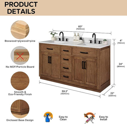 60-inch Dark Walnut Bathroom Vanity with 2 Sinks, Solid Wood, 0.79-inch Stone Countertop and Backsplash, 6 Drawers, 4 Soft Closing Doors