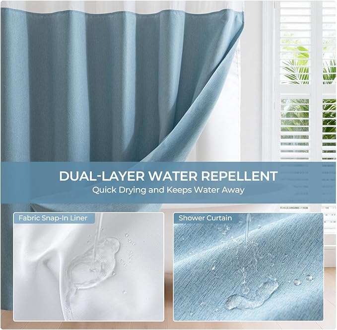 River Dream Linen Textured No Hooks Shower Curtain with Liner,Blue,71x74 | Mesh Top Window,with Snap-in Liner,Heavy Duty Fabric,Quick Dry,Bottom Magnets,Water-Repellent,Washable,Farmhouse Bathroom Set