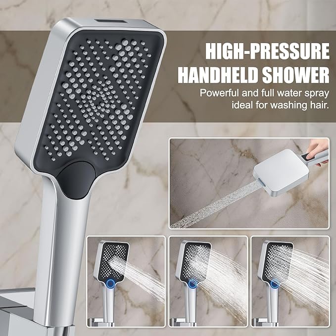 Shower System Modern Rain 8 inches Brass Faucet Set With Valve and Diverter Shower Mixer With Handheld High Pressure Square Rainfall Shower Valve (12'' Ceiling Mount, Chrome Polished)