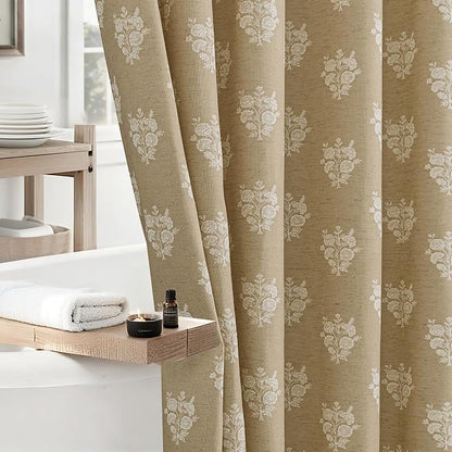 ORTIGIA Linen Textured Ruffle Shower Curtain with Metal Hooks, Brown Vintage Block Print Floral Boho Waterproof Bath Curtain for Rustic Farmhouse Bathroom Decor 72x72 Inch