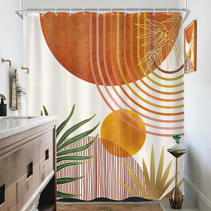 Mid Century Orange Boho Abstract Retro Gold Bathroom Shower Curtain Set | 72Wx78H Contemporary Arch design, waterproof HD print with fast-drying fabric and 12 hooks.