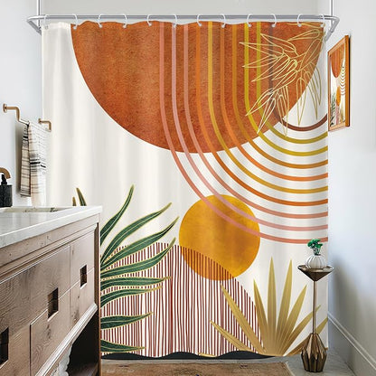 Mid Century Orange Boho Abstract Retro Gold Bathroom Shower Curtain Set | 72Wx78H Contemporary Arch design, waterproof HD print with fast-drying fabric and 12 hooks.