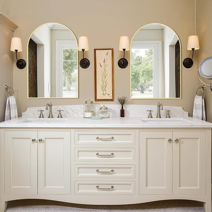 Arched Bathroom Vanity Mirror for Over Sink, 30”x20”, Gold | HD Tempered Glass, Anti-Rust Metal Frame, Hanging or Leaning, Wall Mirrors for Bathroom Sink, Bedroom, Living Room, Entryway