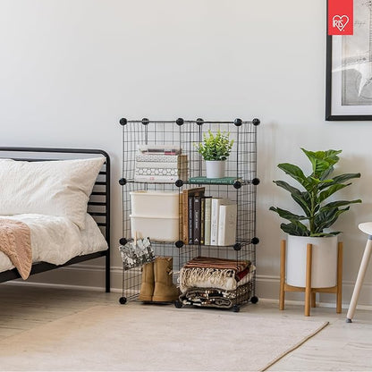 IRIS USA 6-Cube Modular Wire Cube Storage Organizer, Adjustable & Expandable Metal Shelving for Closet, Bathroom & Home Storage, Stackable Wire Grid, Black
