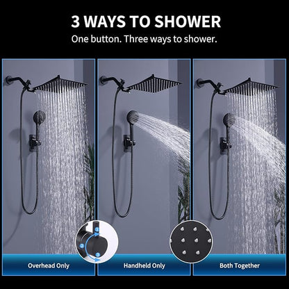 Peicuai Shower Head Combo, 10-Inch High-Pressure Rainfall Shower Head with 11-Inch Adjustable Extension Arm, 5-Setting Matte Black Handheld Shower with Long Hose, Powerful Spray for Low Water Pressure
