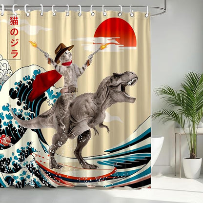 Funny Cute Cat Shower Curtain, Japan Cat Dinosaur Surfing Ocean Sea Wave Fabric Shower Curtains Set, Japanese Art Shower Curtains with Hooks, Kids Bathroom Decor 72x72inch