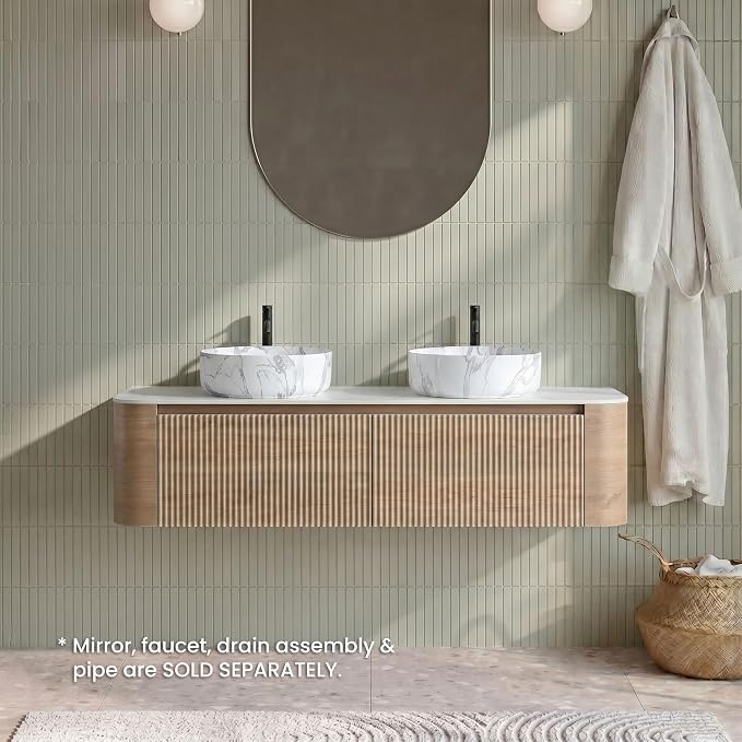 60" Preassembled Double Floating Bathroom Vanity with Carrara Sink, Oak | IMPORTANT: Before first use, please remove the protective foam insert beneath the drawer to ensure smooth, proper operation.