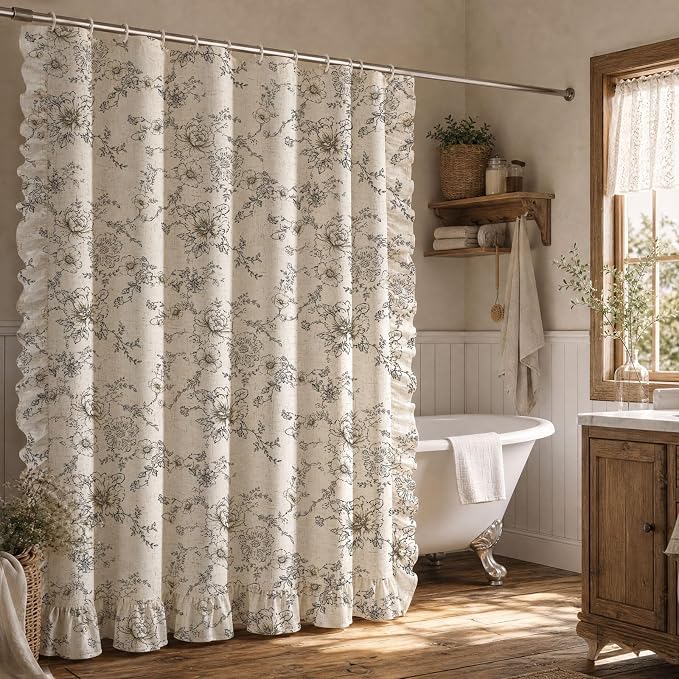 Farmhouse Floral Ruffle Shower Curtain for Bathroom | Vintage Black Linen Pattern Shower Curtains, Tan Taupe,72Wx72H