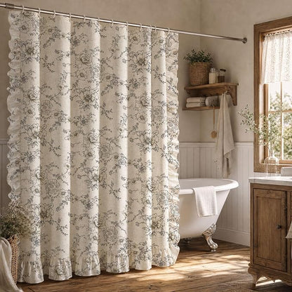 Farmhouse Floral Ruffle Shower Curtain for Bathroom | Vintage Black Linen Pattern Shower Curtains, Tan Taupe,72Wx72H