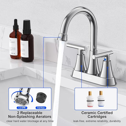 Bathroom Faucets for Sink 3 Hole, Hurran 4 inch Chrome Bathroom Sink Faucet with Pop-up Drain and Supply Hoses, Stainless Steel Lead-Free Centerset Utility Faucet for Vanity RV, 2 Pack