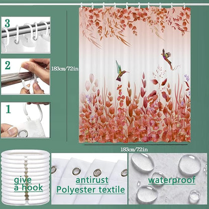 Kingfisher Autumn Red Shower Curtain - 72"W x 72"L with 12 Hooks, Weighted Hem, Waterproof, Red Leaf Pattern