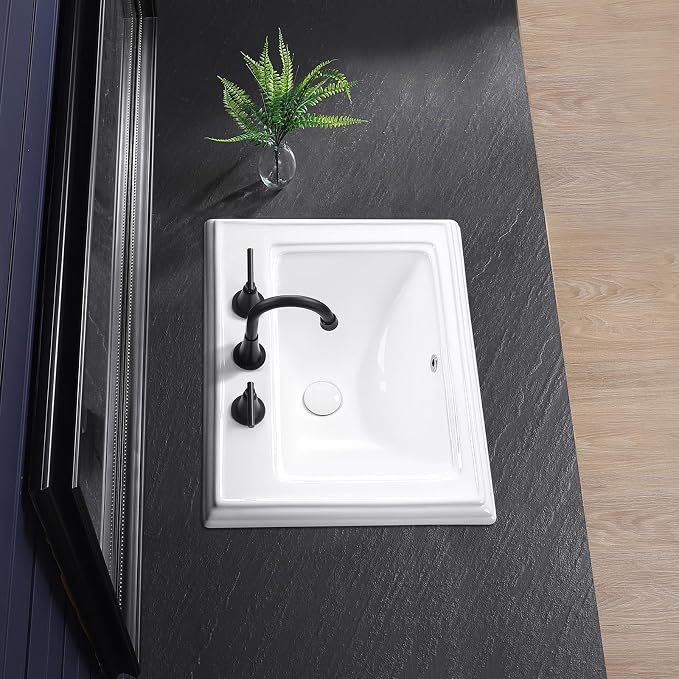 23"x18" Semi Recessed Bathroom Sink with 8-in Centerset Three 1.38" Faucet Hole Drop-in Vessel Sink White Porcelain Ceramic Modern Rectangular Sinks Basin Vanity Sinks with Overflow