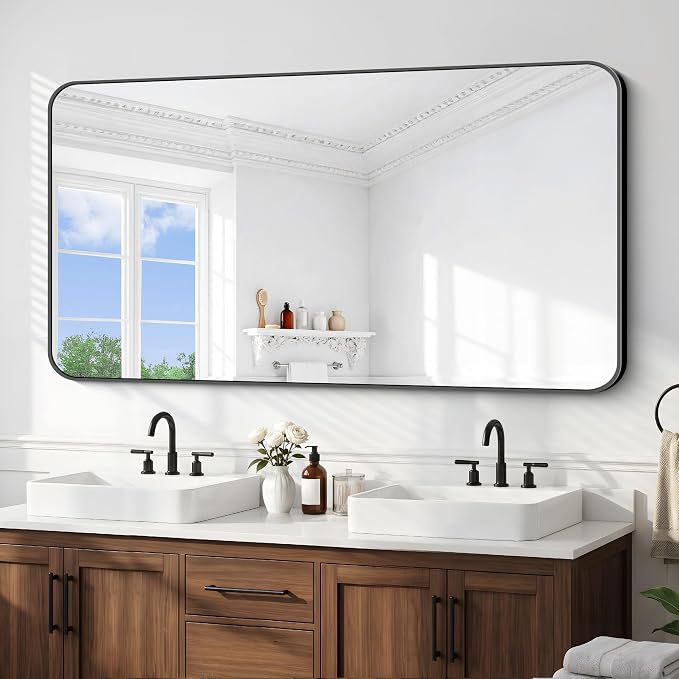 BONEWEI 66x30 inch Large Bathroom Mirror,Black Rectangle Mirror,Wall Mounted Bathroom Frame Vanity Mirror with Round Corner for Bedroom Living Room, Entryway Hangs Horizontal or Vertical
