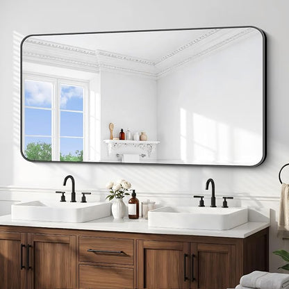 BONEWEI 66x30 inch Large Bathroom Mirror,Black Rectangle Mirror,Wall Mounted Bathroom Frame Vanity Mirror with Round Corner for Bedroom Living Room, Entryway Hangs Horizontal or Vertical