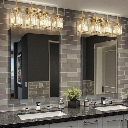 Torondo Modern Crystal Bathroom Vanity Light 4-Lights Brushed Gold Bathroom Light Fixtures Over Mirror Brushed Gold Vanity Lighting Fixtures Square Shade Brass Wall Sconce (Bulbs Not Include)