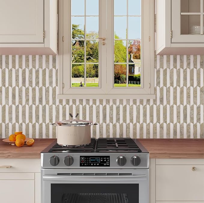 Vamos Tile Peel and Stick Backsplash Seamless Tile,PVC+Light Gold,10 Sheets | Stick on Backsplash for Kitchen & Bathroom,Honey Travertine+White+Light Gold Self Adhesive Backsplash Tile 11.9''x10.8''