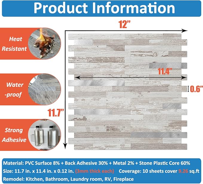 DICOFUN 10-Sheet Peel and Stick Backsplash Tile, Brown Birch PVC Mixed Metal Stick on Backsplash Tiles for Kitchen, 9.4 sq.ft