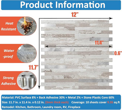 DICOFUN 10-Sheet Peel and Stick Backsplash Tile, Brown Birch PVC Mixed Metal Stick on Backsplash Tiles for Kitchen, 9.4 sq.ft