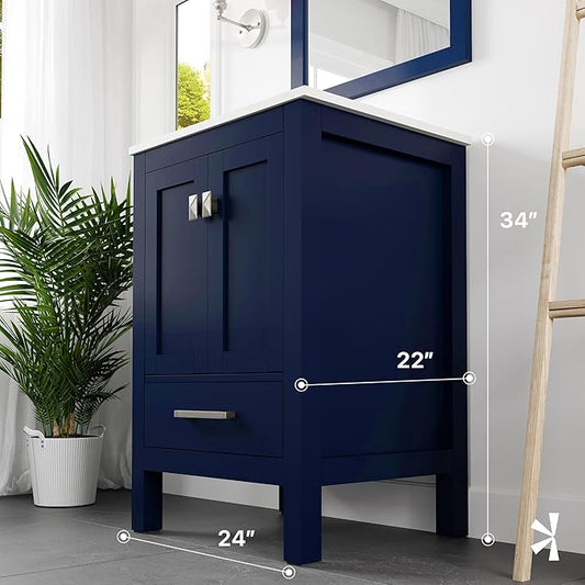 Eviva Aberdeen 24 in. Blue Single Sink Bath Vanity with Carrara Quartz Top and Undermount Porcelain Sink