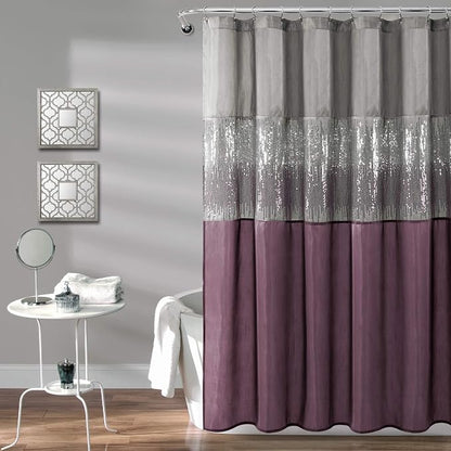 Lush Decor Night Sky Shower Curtain, Single, 72" W x 72" L, Gray & Purple - Sequin Shower Curtain - Sparkly Color Block Bath Curtain - Modern Glam Bathroom Decor