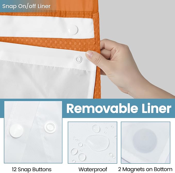 EUTXL Heavyweight Burnt Orange No Hook Shower Curtain with Snap in Liner,256GSM Waffle Weave Shower Curtains for Bathroom,71W x 74H