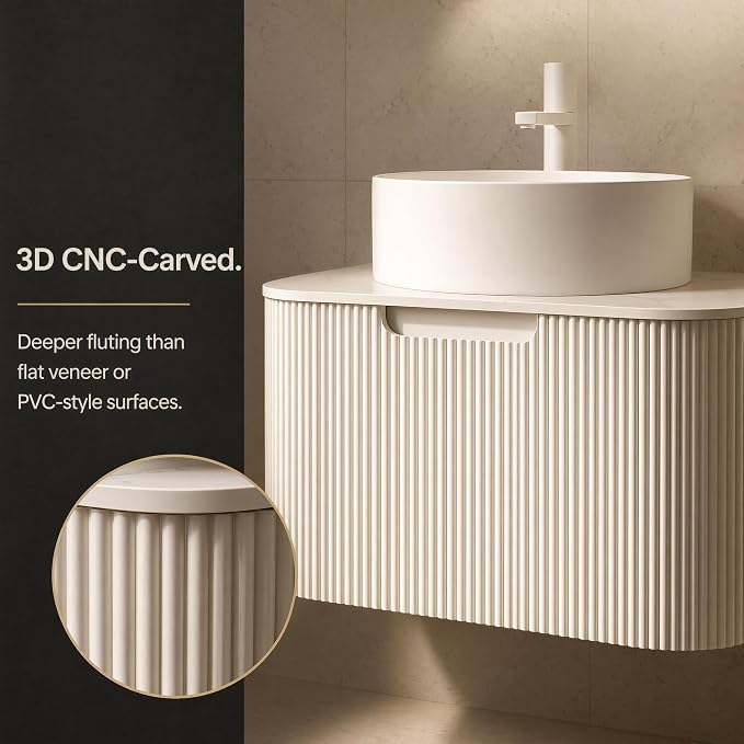 24 Inch Bathroom Vanity with Sink, Floating Wall Mounted Single Sink Vanity for Small Baths, White Curved Fluted Front, Stone Top, Pure White Round Vessel Basin, Pre-Assembled